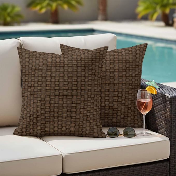 Outdoor Waterproof Throw Pillow Covers Set of 2 Brown Rattan Pillowcases 20x20 Inches Retro Striped Lines Decorative Pillows Cushion Case Patio Pillows for Couch Bed Chair Garden