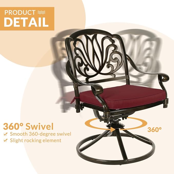 7-Piece Outdoor Patio Dining Set, 60” Rectangular Cast Aluminum Dining Table with Umbrella Hole and 4 Stationary, 2 Swivel Rocker Chairs, 6 Cushioned, Backyard, Patio, Garden, Red