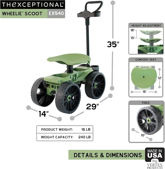 TheXceptional Wheelie with Tool Toter Handle | American Made Rolling Scoot and Tool Rack | Garden Cart with Seat | Made in USA by Vertex | Model EX540