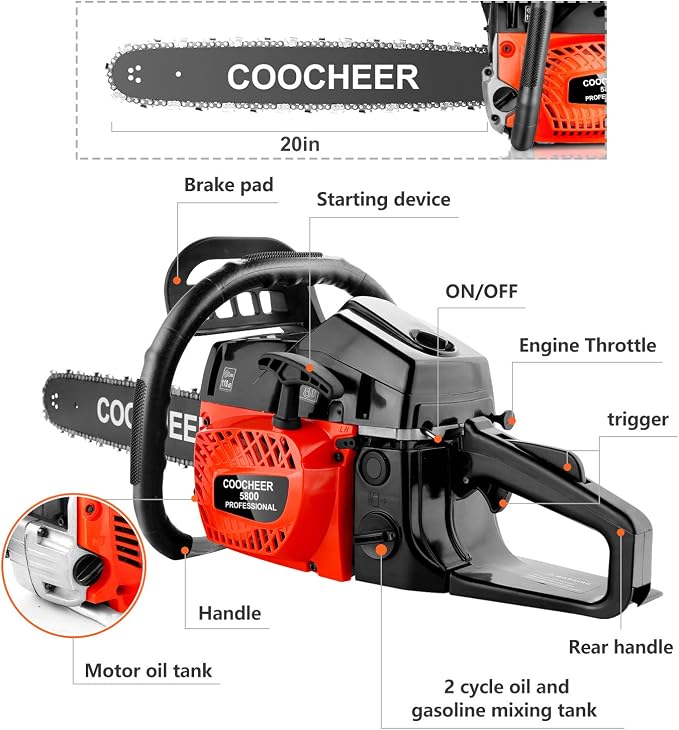 COOCHEER 62CC Gas Powered Chain saws, 20Inch 3.5HP 2-Stroke Gasoline Chain Saw with for Tree Stumps, Limbs, Tree Felling, and Firewood Cutting(Black&Red 2022 Updated)
