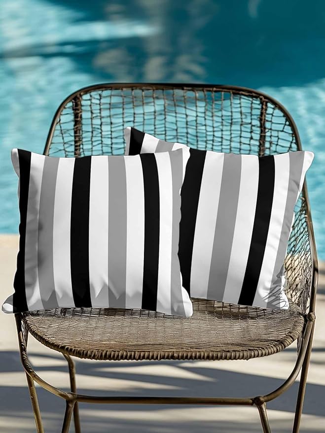 Outdoor Pillows Waterproof, Black Gray Striped Bedding Throw Pillows with Insert for Couch Sofa Bed, Farmhouse Stripe Art 16x16 Inch Pillowcases Decorative Camping Patio Pillow Set of 2