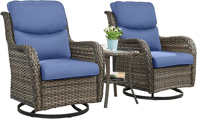 Rilyson Wicker Rocking Chair Swivel Chairs - 3 Piece Rocker Patio Furniture Set Rattan Rocking Bistro Sets with Glass Top Side Table for Outdoor Porch Deck Garden Backyard (Mixed Grey/Blue/Smile)