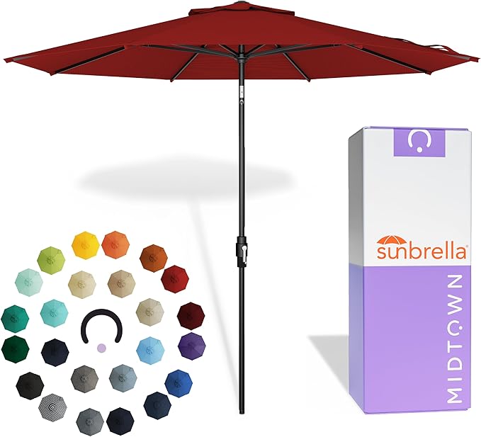 Midtown Umbrellas – The Swilt 10 Ft Patio Umbrella with 360° Swivel & Tilt Mechanism, Sunbrella Fabric & 8 Fiberglass Ribs – Outdoor Umbrella for Deck, Pool & Cafes – Red Canopy, Black Pole