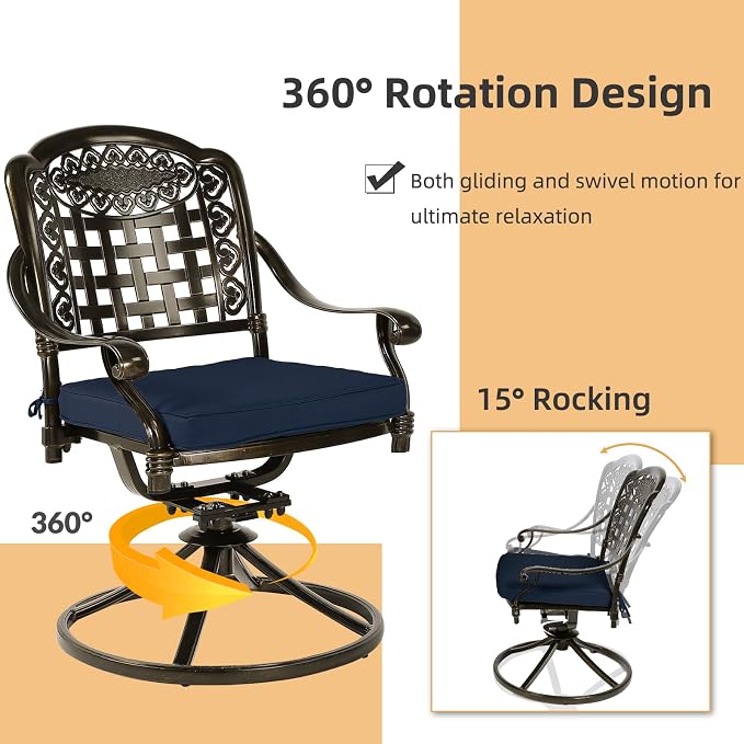 5 Piece Patio Dining Set, Outdoor Table and Chairs Set for 4 Cushioned Swivel Rocking Chairs and 38.5'' Round Table, All-Weather Cast Aluminum Patio Funiture Set, 2'' Umbrella Hole, Navy