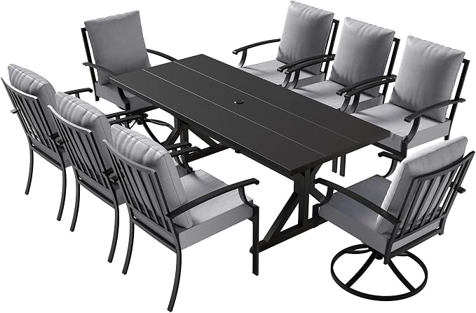 ALAULM 9-Piece Patio Dining Set,Outdoor Metal Dining Set with 2 Swivel Chairs & Rectangle Table with 1.5 Umbrella Hole, Patio Dining Table and Chairs for Backyard,Grey