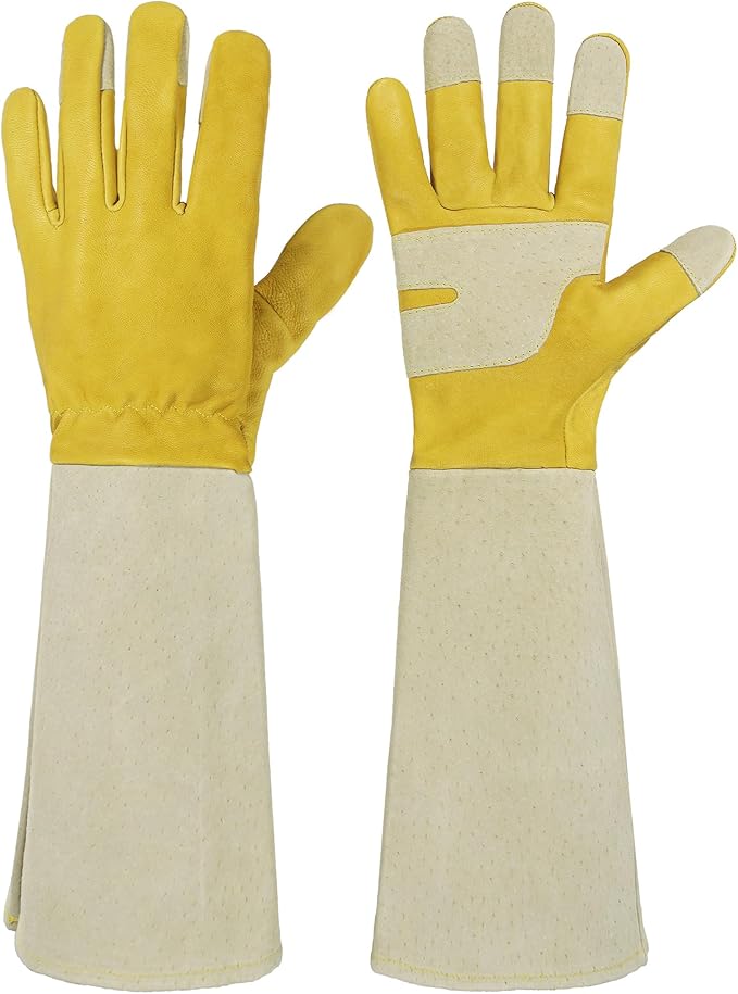 HANDLANDY Rose Pruning Gloves for Men Women, Thorn Proof Gardening Gloves | Long Leather Gardening Gloves, Breathable Leather Gauntlet, Best Garden Gifts & Tools for Gardener (Butter Yellow, M)