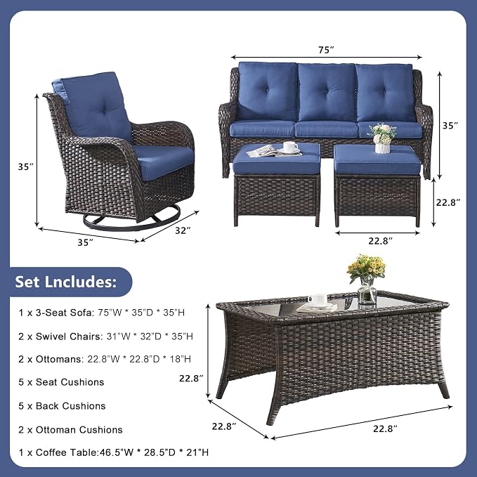 Rilyson Wicker Patio Furniture Set - 6 Piece Rattan Outdoor Sectional Conversation Sets with 2 Swivel Rocking Chairs,2 Ottomans,1 Sofa and 1 Coffee Table for Porch Deck Garden(Brown/Blue)