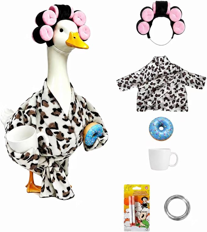 Goose Porch Outfit, 23-Inch Goose Statue, Leopard Print Bathrobe for Patio Home Decor, Comes with Curler, Waist Belt, Donut & Coffee Cup