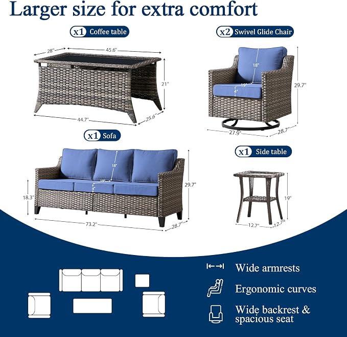 Luxury Patio Furniture sofa Set - 5 Pieces All Weather Wicker Outdoor Couch and High Back Swivel Rocker Patio Chairs with Glass coffee table for Deck Yard and Poolside Gray Wicker | Blue Cushions