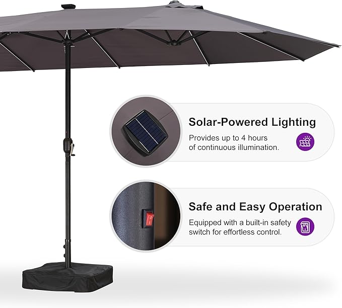 PURPLE LEAF 13ft Patio Market Umbrella with Solar LED and Base Double-Sided Rectangle Outdoor Table Sun Umbrellas with Crank for Pool Beach Deck Backyard Gray