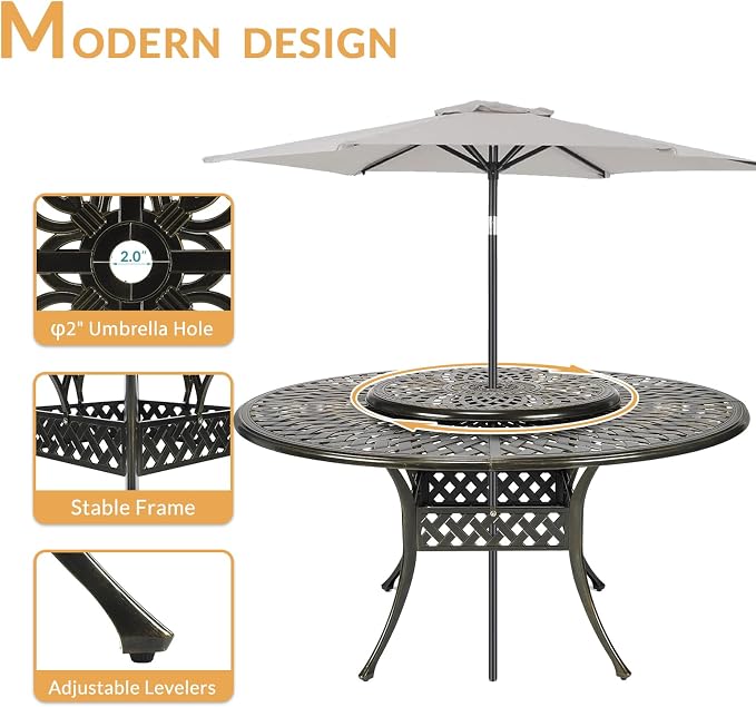 9-Piece Patio Furniture Dining Set, All Weather Cast Aluminum Outdoor Conversation Set- 61" Round Patio Dining Table with Detachable Lazy Susan, 8 Cushioned Chairs, Umbrella Hole, Ocean Blue