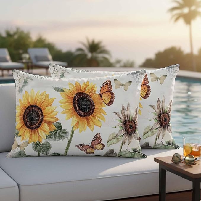 Sunflower Outdoor Waterproof Throw Pillow Covers Set of 2, 20"x12", Farmhouse Rustic Retro Summer Floral Butterfly Decorative Pillow Covers Outside Cushion Case for Patio Porch Garden