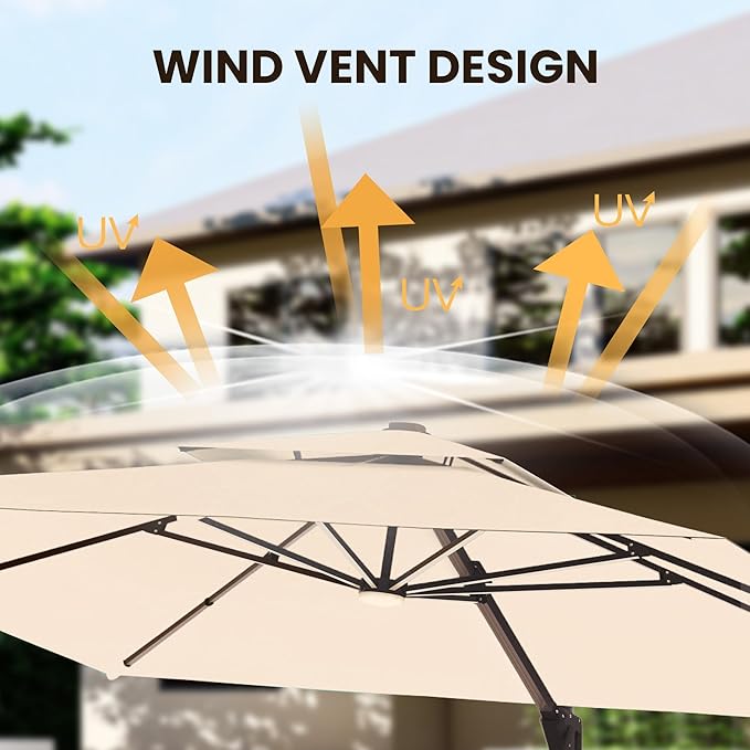 9 X 12 FT Cantilever Patio Umbrella with Led Lights and Base Included Outdoor Heavy Duty Double Top Rectangle Offset Umbrellas with 360-degree Rotation for Pool Deck Backyard, Beige