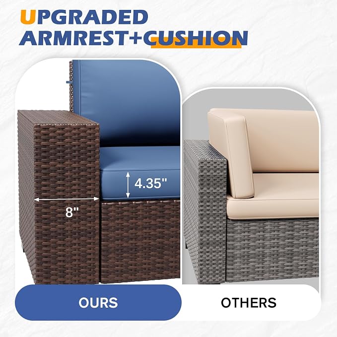6 Pieces Outdoor Patio Furniture Set with Table Brown Rattan Sectional Sofa Conversation Sets for Balcony Lawn and Garden (Navy Blue, 6 pcs w/Table)