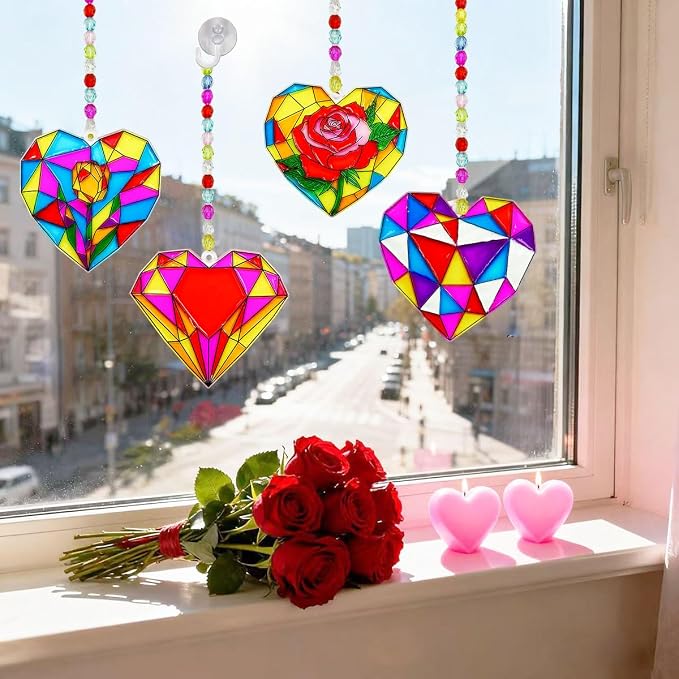 AUEKIV 30 Sets Valentine's Suncatchers Craft DIY Kit Heart Suncatcher Kit for Window Paint Art Suncatchers Valentine's Day Heart Sun Catcher Supplies for Valentine Gift Exchange Activities
