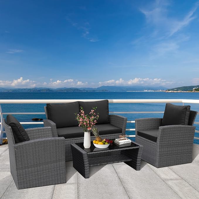 RELAX4LIFE 4 PCS Wicker Patio Furniture Set with Soft Cushions & Tempered Glass Table Outdoor Rattan Sofa Set for Backyard Garden Balcony Poolside Sectional Conversation Couch Set (Black)