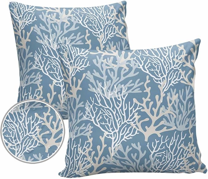 Outdoor Waterproof Throw Pillow Covers Set of 2 Teal Blue Coral Pillowcases 18x18 Inches Nautical Coastal Marine Life Patio Decorative Pillows Cushion Case Patio Pillows for Couch Bed Chair Garden
