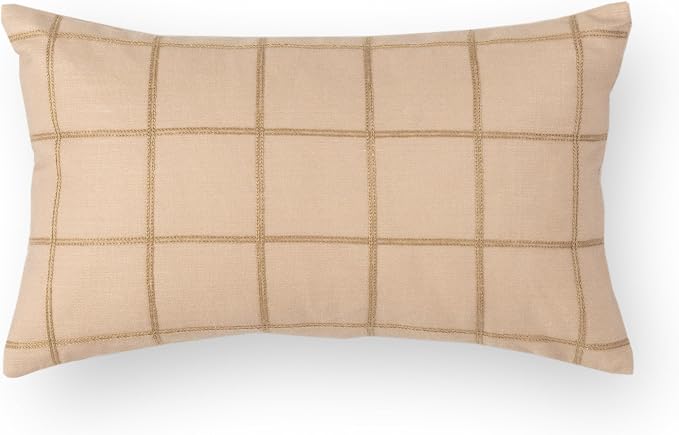 Modern Farmhouse Fall Linen Indoor Outdoor Lumbar Pillow Cover Only, 12"x20" Water Repellent for Patio, Backyard, Couch, Ivory Cream Plaid