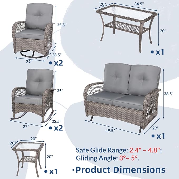 7-Piece Wicker Patio Furniture Sets Outdoor All-Weather Rattan Conversation Set Includes Glider Loveseat, 2 Glass-Top Coffee Tables, 2 Swivel-Rocker Chairs for Porch Backyard, Gray
