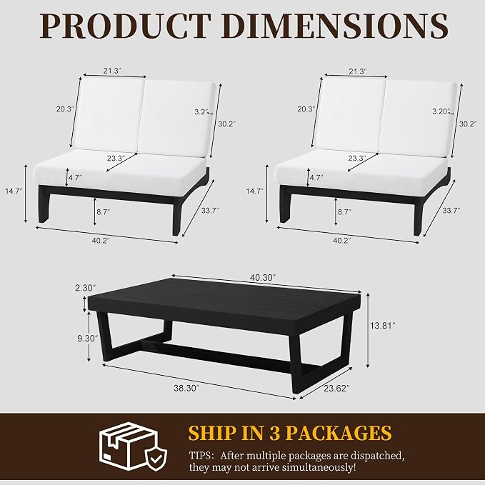 All Weather Patio Furniture Sets, 3 Pieces Black Wood Patio Loveseat Sofa Outdoor Sectional Futniture Backyard Conversation Set with Solid Wooden Coffee Table - Beige