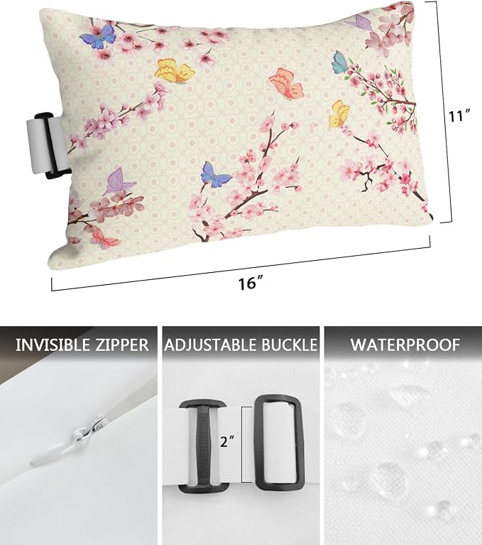 Outdoor Pillows Covers with Inserts Butterfly Cherry Blossoms Pink Beige Waterproof Recliner Pillow with Adjustable Strap Throw Pillows for Patio Furniture Pool Lounge Chair, 11x16 inch, 1PCS