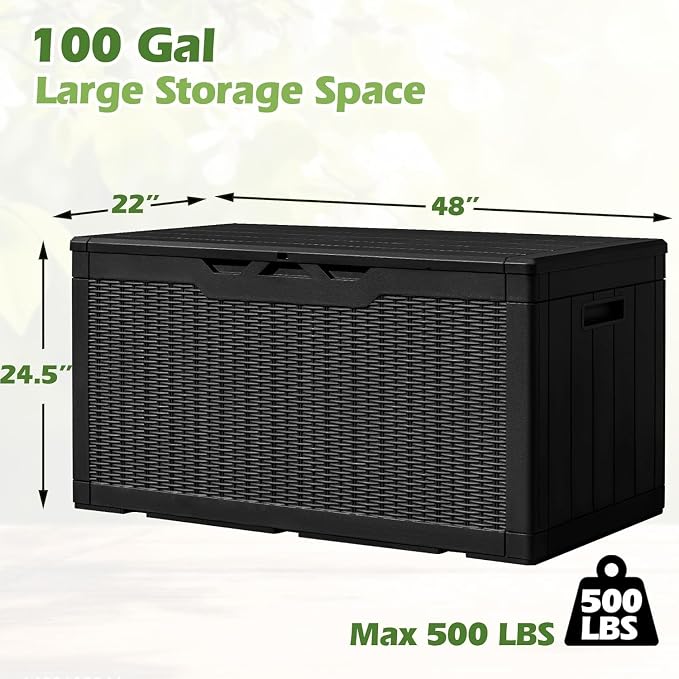 100 Gallon Resin Deck Box Large Outdoor Storage with Imitation Rattan Weave Texture Weatherproof UV Resistant Lockable for Patio Furniture Garden Tools Pool Supplies Dark Black
