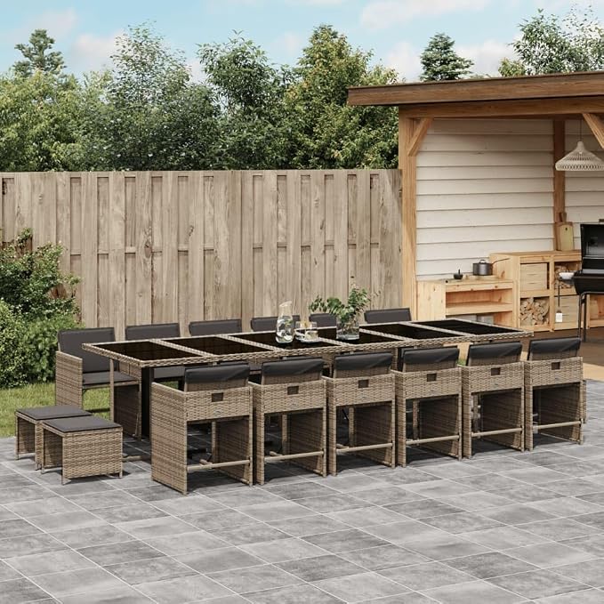 17 Piece Patio Dining Set with Cushions, Foldable Poly Rattan Table and Chair Furniture for Garden, Backyard, Deck, Grey