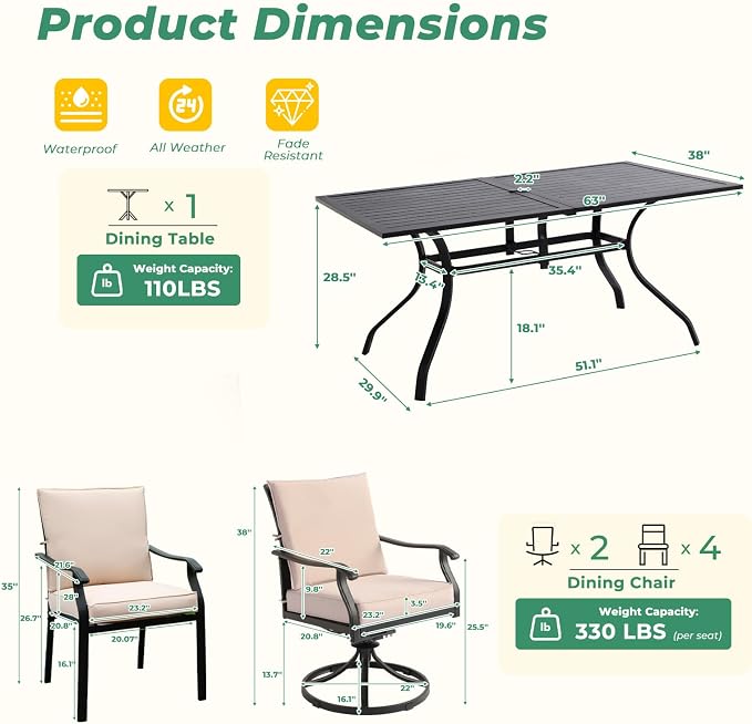 LVUYOYO 7-Piece Outdoor Patio Dining Set, Metal Dining Chair & Rectangular Table Set, All-Weather Furniture for Backyard, Garden,Balcony,Porch (1 Rectangular+ 4 Dining Chairs+2 Swivel Chairs)