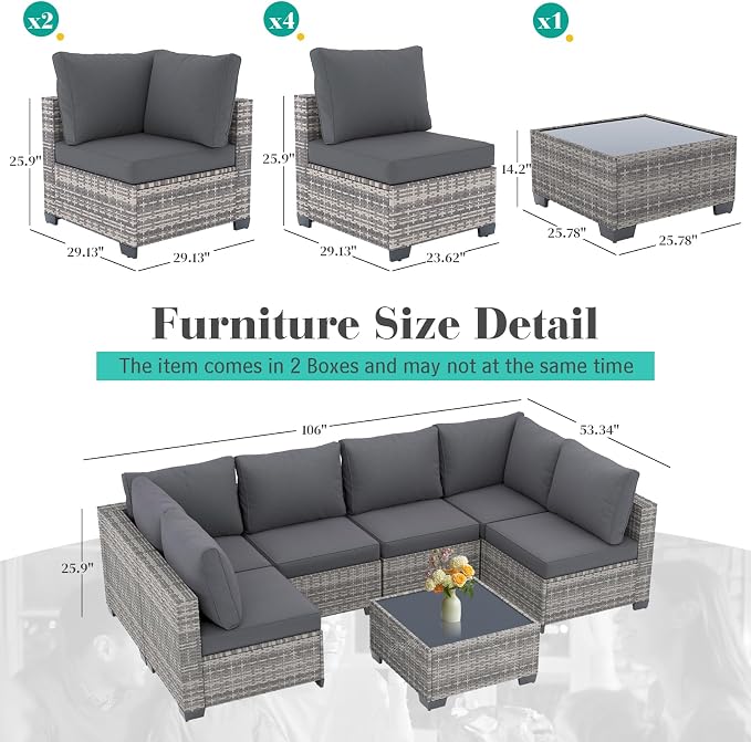7 Pieces Outdoor Patio Furniture Set, All-Weather Sectional Sofa | Dark Grey Wicker Conversation Set with Glass Table and Cushions | PE Rattan Weaving | Ideal for Patio, Pool, Balcony