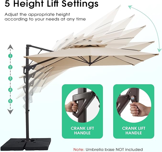 JEAREY 12ft 2-Tier Cantilever Patio Umbrella, Large Square Outdoor Offset Umbrella with Double Top Vent and 360-degree Rotation for Garden, Deck, Pool, Patio, Beige