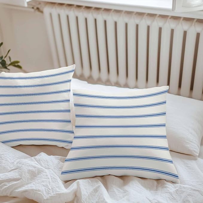 Vandarllin Outdoor Throw Pillows Covers 20x20 inch Set of 2 Waterproof Blue Stripes Decorative Zippered Cushion Covers for Patio Furniture, Abstract Lines Striped Lumbar Pillowcases