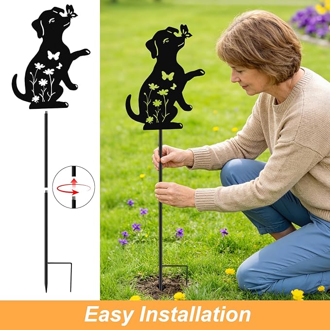VOOKRY Solar Watering Can Lights Outdoor with Dog Silhouette Stake, Garden Gifts for Mom, Women & Garden Lovers Waterproof Metal Garden Lantern, Decorative Yard Patio Lawn Pathway Decor(1 Pack)