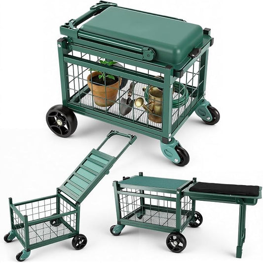 Rolling Garden Cart with Seat, Metal Garden Work Seat with 360° Swivel Wheels, Storage Basket, Workbench, and Tool Bag, Upgraded Heavy Duty Gardening Wagon and Stool for Seniors