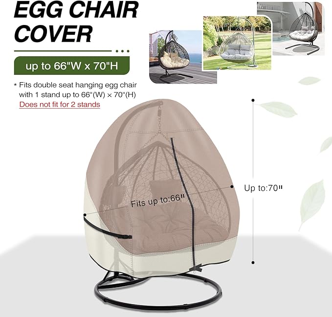 Porch Shield Patio Hanging Egg Chair Cover - 600D Waterproof Outdoor Double Seat Wicker Swing Egg Chair with Stand Protector, Light Tan & Khaki