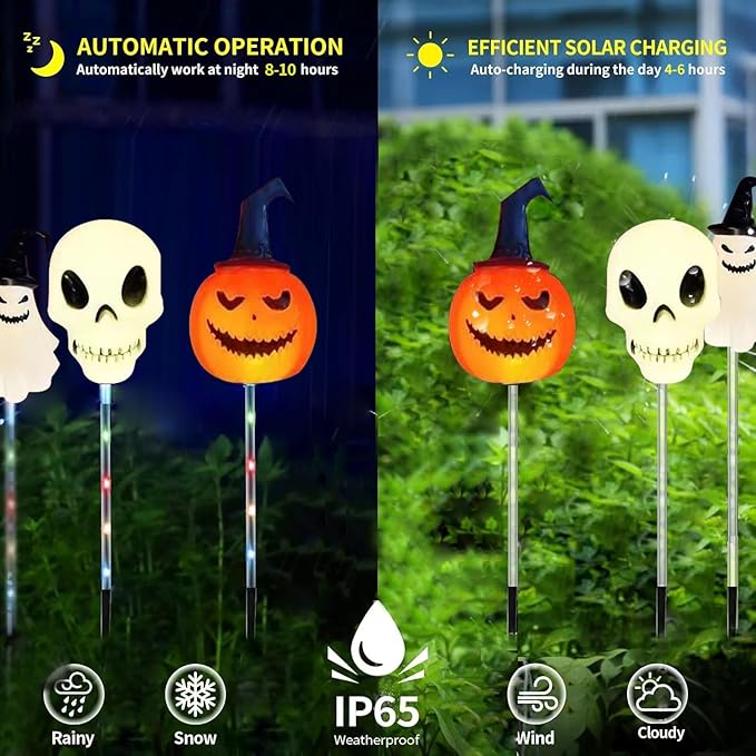6 Pack LED Outdoor Solar Ground Insertion Colored Pumpkin Ghost Head Lights, Waterproof Solar Courtyard Decoration Halloween Lights, with 8 Modes of Colorful.