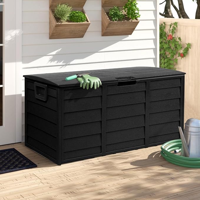 Crownland 75 Gallon Outdoor Storage Deck Box Patio Sun-proof Woodgrain Patio Storage Box for Patio, Garden, Balcony,Black