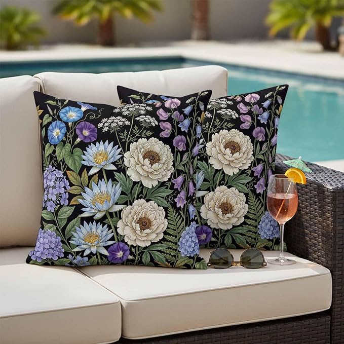Water Lily Hydrangeas Ferns Outdoor Pillow Covers 26"x26" Set of 2, Botanical Vintage Waterproof Throw Pillow Covers for Patio Furniture, Decorative Cushion Covers for Porch