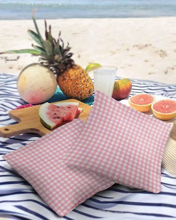 Outdoor Waterproof Throw Pillow Covers Set of 2 Pink Buffalo Plaid Pillowcases 16x16 Inches Linen Classic Checked Patio Decorative Pillows Cushion Case Patio Pillows for Couch Bed Chair Garden