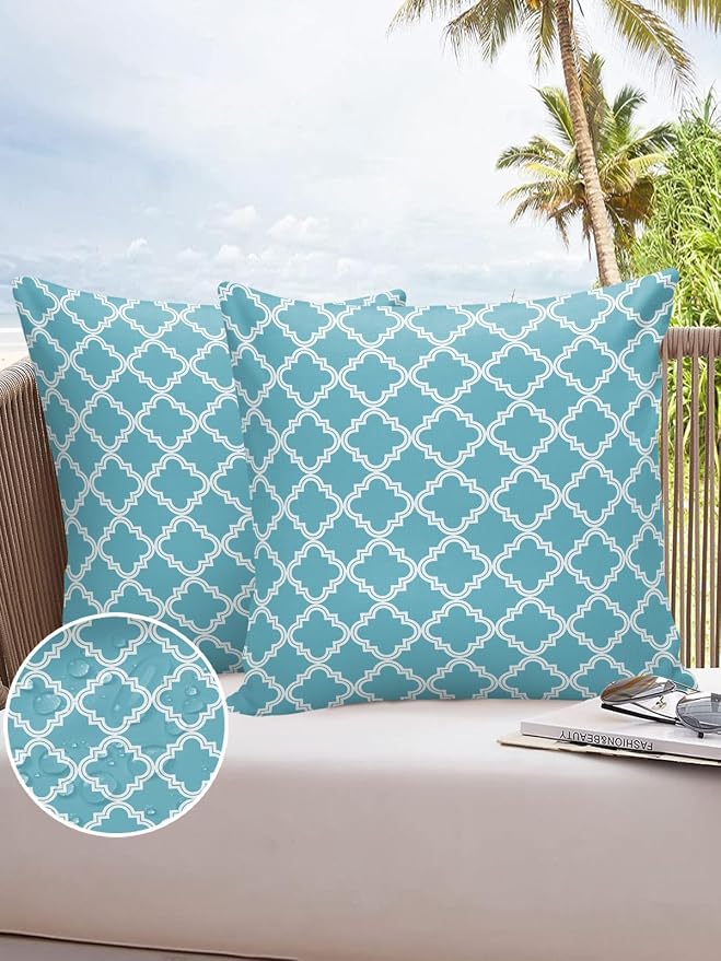 Outdoor Waterproof Pillow Covers for Patio Furniture Moroccan Pattern Decorative Throw Pillow Cover Blue Geometric Trellis Pillowcases Set of 2 Cushion Case for Sofa Couch Chair Home Decor 18x18 inch