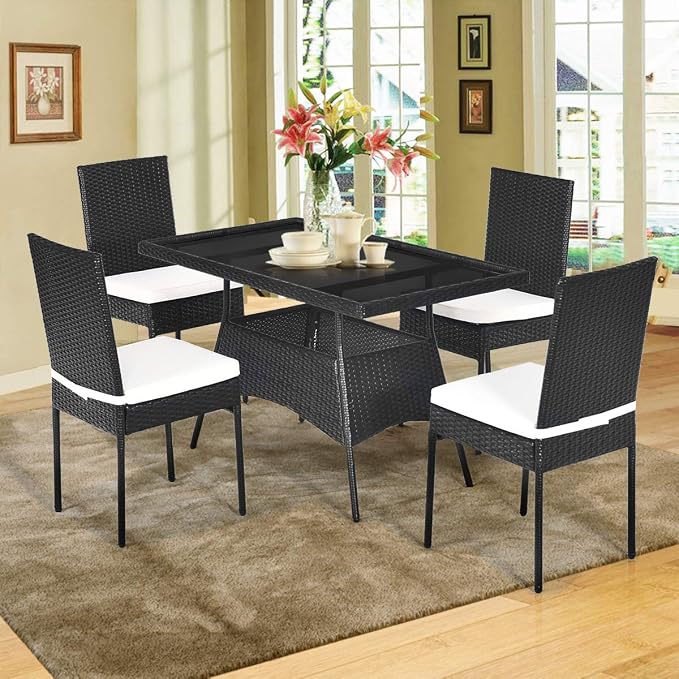 5 Pieces Patio Wicker Dining Set Outdoor Furniture, Outdoor Rattan Table and Chairs with Tempered Glass Table-top & Padded Cushions, Patio Furniture Sets for Backyard, Balcony (Black)