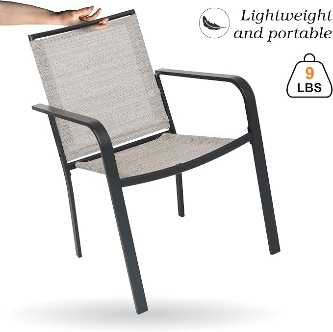 Anmutig 7 Piece Patio Dining Set 48 Inch Round Table Stackable Chairs Beige | Powder-Coated Steel Frame, Quick-Dry Textilene Mesh, Dual-Size Umbrella Hole, Weather Resistant, Patio, Garden, Backyard