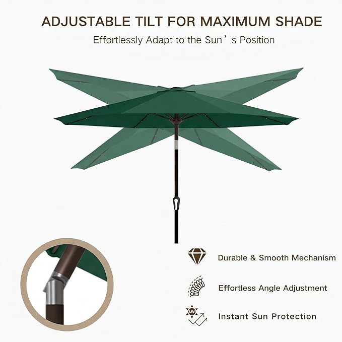 Kingdura 9FT Outdoor Patio Umbrella with Solar Lights, Market Table Umbrella with Push Button Tilt & Crank, 8 Sturdy Ribs, 32 LED Lights, UV Protection for Garden Lawn Deck Backyard Pool (Dark green)