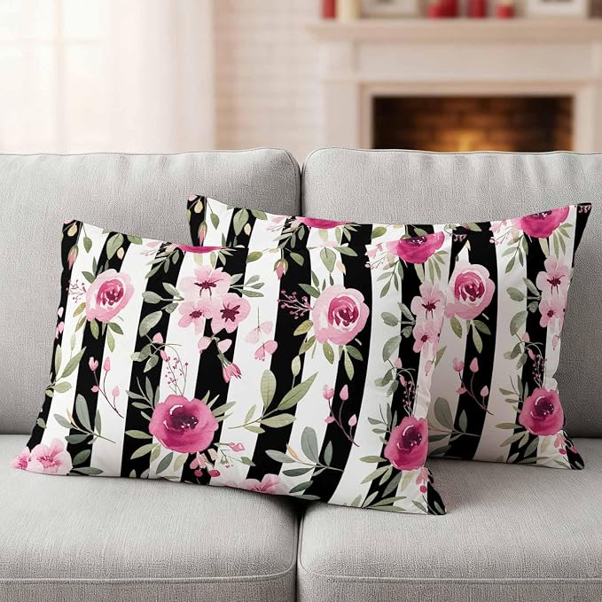 Outdoor Throw Pillow Covers Waterproof Pillow Cases 20x12in Watercolor Pink Floral Decorative Cushion Cases for Couch Sofa Patio Garden 2 Pack Black and White Stripes