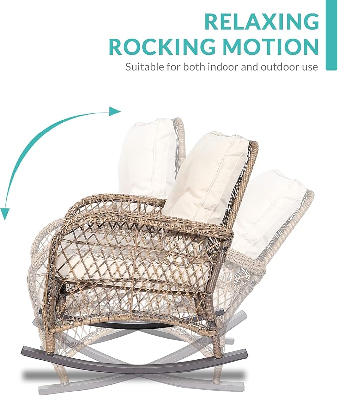 MEETWARM 5 Pieces Outdoor Wicker Patio Conversation Sets with Glider Loveseat, 2 Chairs with 2 Glass-Top Coffee Table Rocking Glider Set, Wicker Conversation Set with Thickened Cushions, Beige