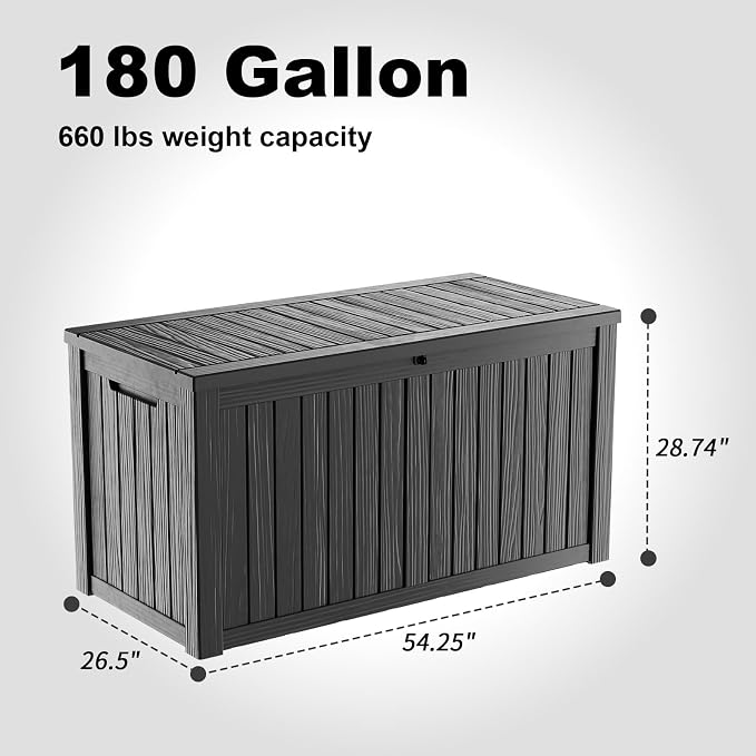 ROJIK 180 Gallon Deck Box Outdoor, Waterproof Outdoor Storage Boxes with Lids, Outside Resin Lockable Storage Box for Patio Cushions, Garden Tools(Black)