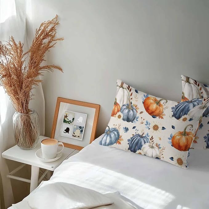 Fall Outdoor Throw Pillows Covers 20x12 inch Set of 2 Waterproof Orange Blue White Pumpkin Zippered Cushion Covers for Patio Furniture, Autumn Maple Leaf Flowers Linen Thanksgiving Lumbar Pillowcases