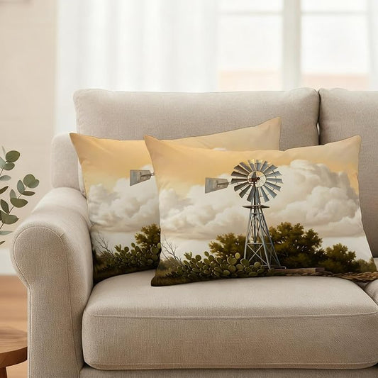 Windmill Outdoor Pillow Covers 20"x12" Set of 2, Windmill Farmhouse Sunset Field Trees Rustic Waterproof Throw Pillow Covers for Patio Furniture, Decorative Cushion Covers for Porch