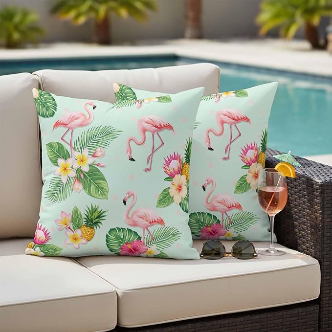 Pink Flamingos Outdoor Pillow Covers 26"x26" Set of 2, Summer Tropical Yellow Pineapples Green Palm Leaf Waterproof Throw Pillow Covers for Patio Furniture, Decorative Cushion Covers for Porch