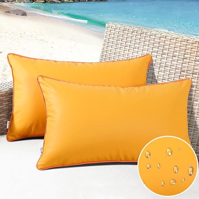 Summer Outdoor Set of 2 Silicone Waterproof Lumbar Pillow Covers 12x20 Inch Fadeproof Durable Rectangle Pillowcase Decorative for Garden Patio Tent Sunbrella Balcony Bench Sofa, Yellow