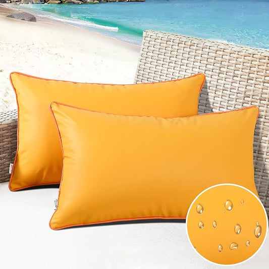 Summer Outdoor Set of 2 Silicone Waterproof Lumbar Pillow Covers 12x20 Inch Fadeproof Durable Rectangle Pillowcase Decorative for Garden Patio Tent Sunbrella Balcony Bench Sofa, Yellow